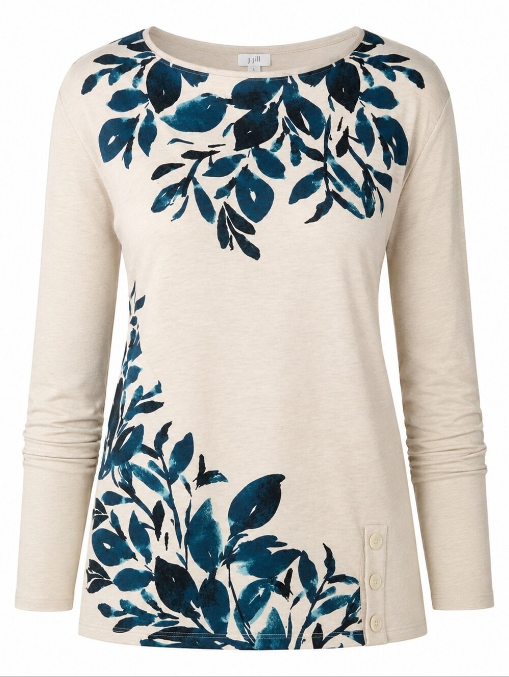 J. JILL | Pure Jill Relaxed Boat Neck Cream Teal Leaf Print Long Sleeve Top | L